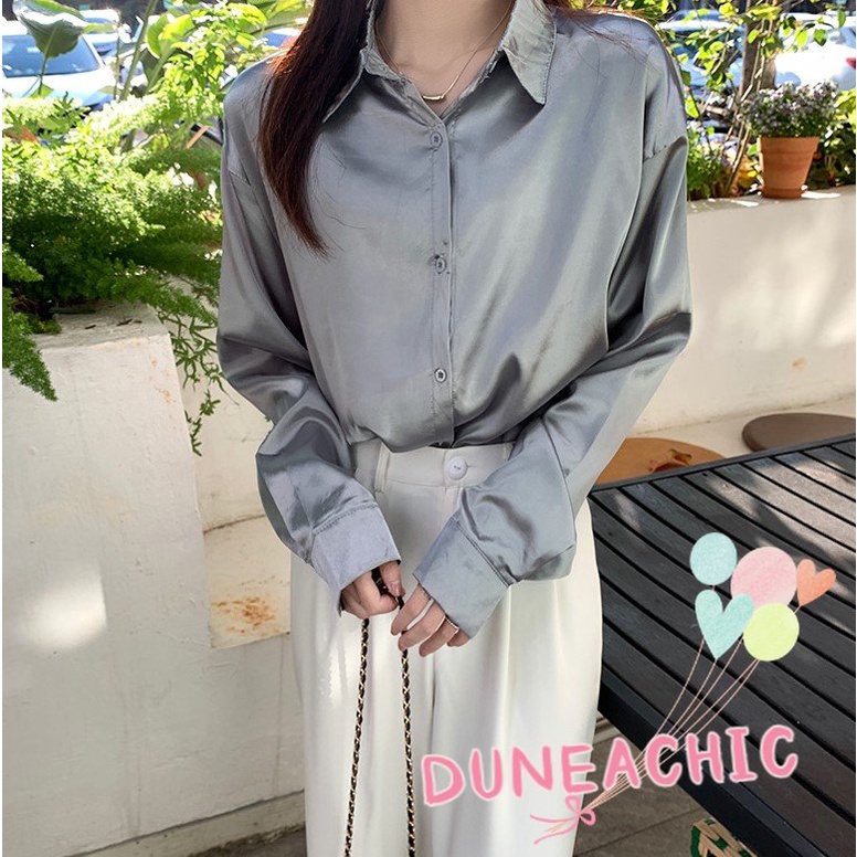 DUNEA Áo Sơ Mi Vải Satin Tay Dài Dáng Rộng 7 Màu Lựa Chọn Cho Nữ
