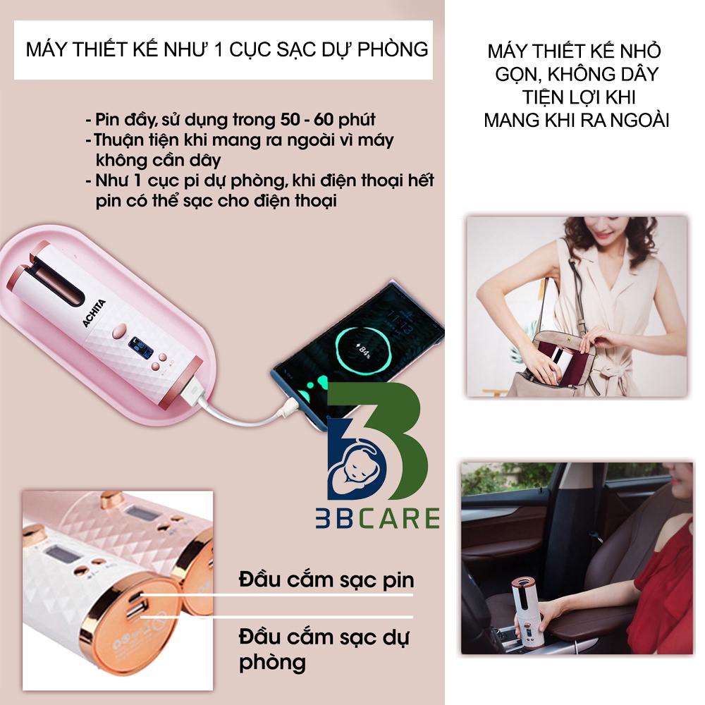Máy uốn tóc mini ACHITA A10 không dây, lõi gốm tourmalin giúp bảo vệ tóc - shop 3B Care
