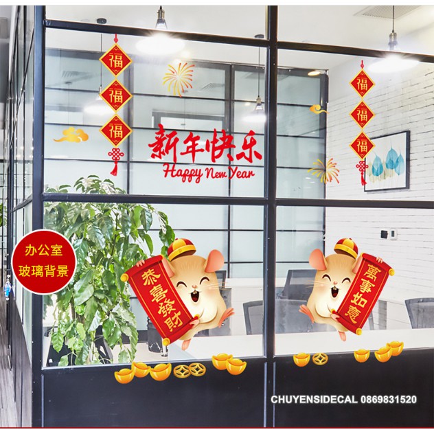 Decal dán Tết - Cặp Chuột Cầm tờ Liễu chúc Xuân