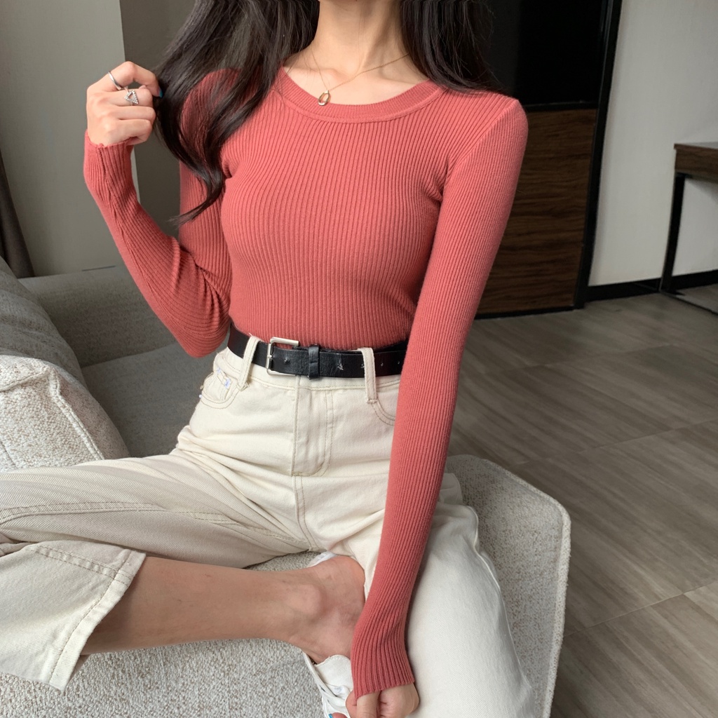 Áo Len Tay Dài Cổ Tròn Màu Sắc Đơn Giản