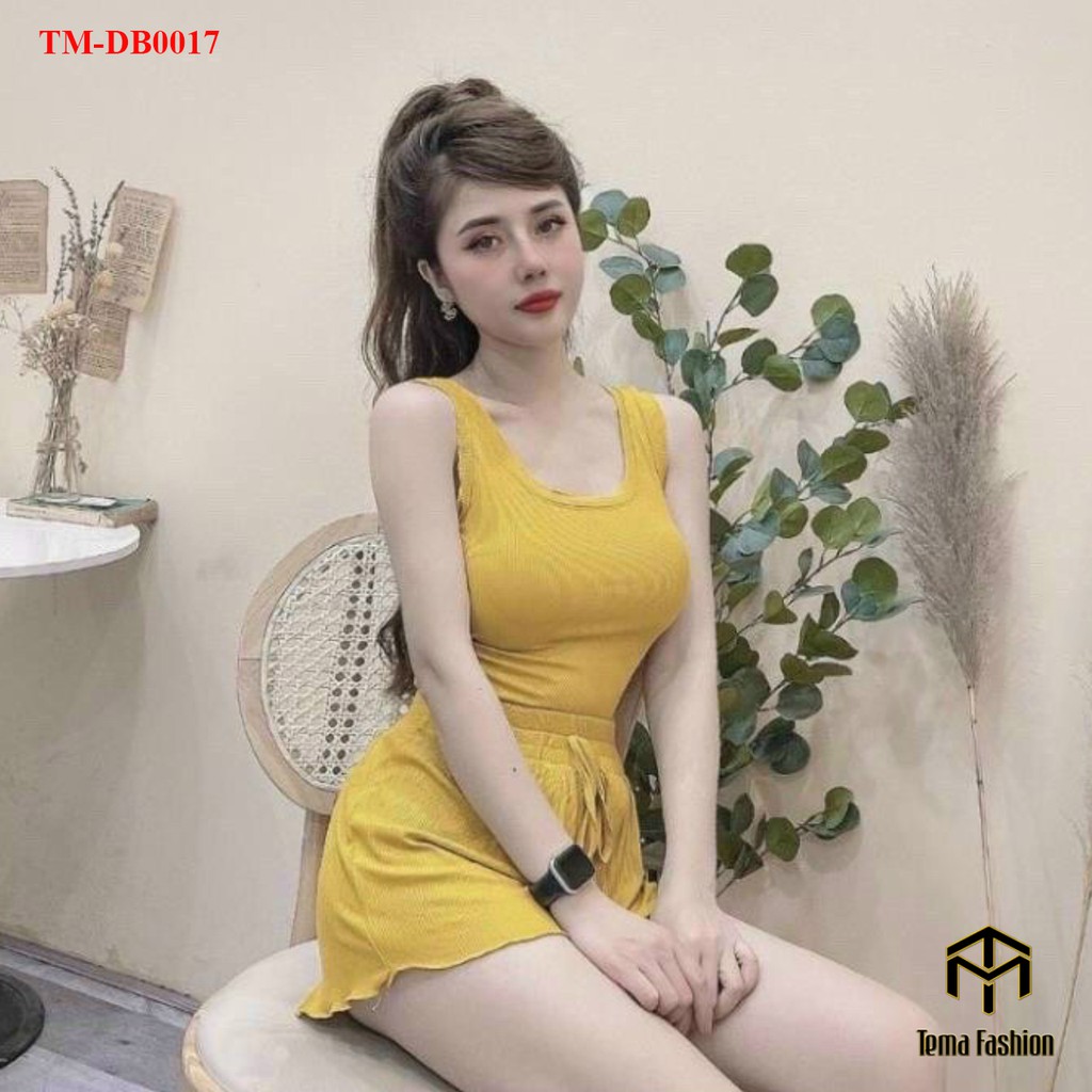 Đồ bộ nữ TEMA - Đồ ngủ nữ mặc ở nhà gồm áo hai dây viền bèo kèm quần đùi len tăm siêu mát | BigBuy360 - bigbuy360.vn