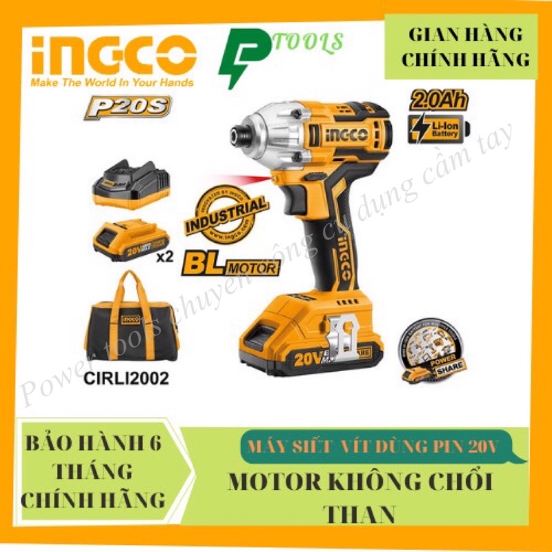 Máy siết vít dùng pin Lithium 20V INGCO CIRLI2002 không chổi than, kèm 2 pin 1 sạc 5 mũi bắn vít, Máy bắn vít cầm tay