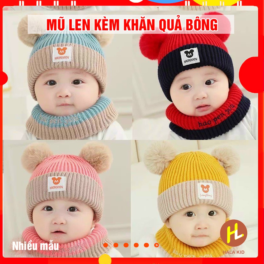 Mũ len kèm khăn QUẢ BÔNG M mềm mịn, giữ ấm cho bé (0-3 tuổi)