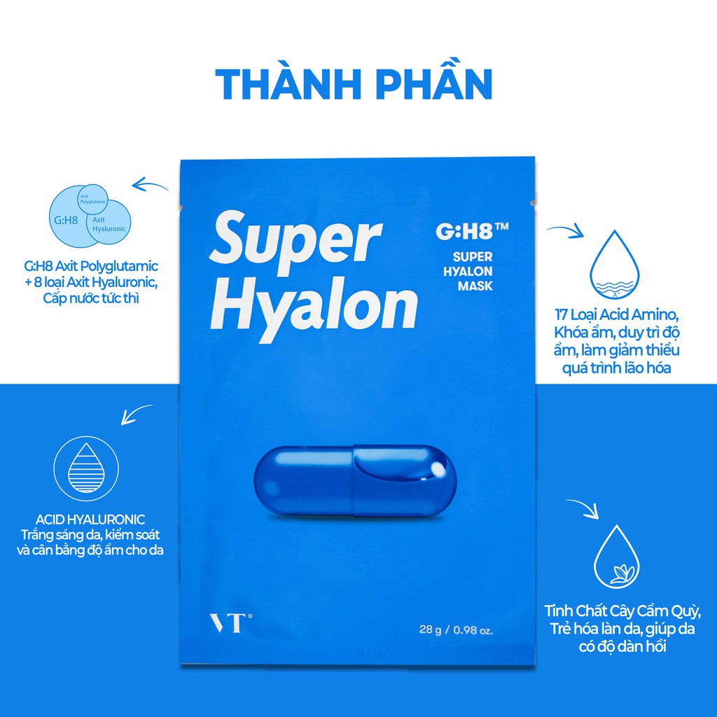 Hộp 6 Miếng Mặt Nạ Dưỡng Da Cấp Nước Cấp Ẩm và Dưỡng Ẩm Chuyên Sâu VT SUPER HYALON G:H8