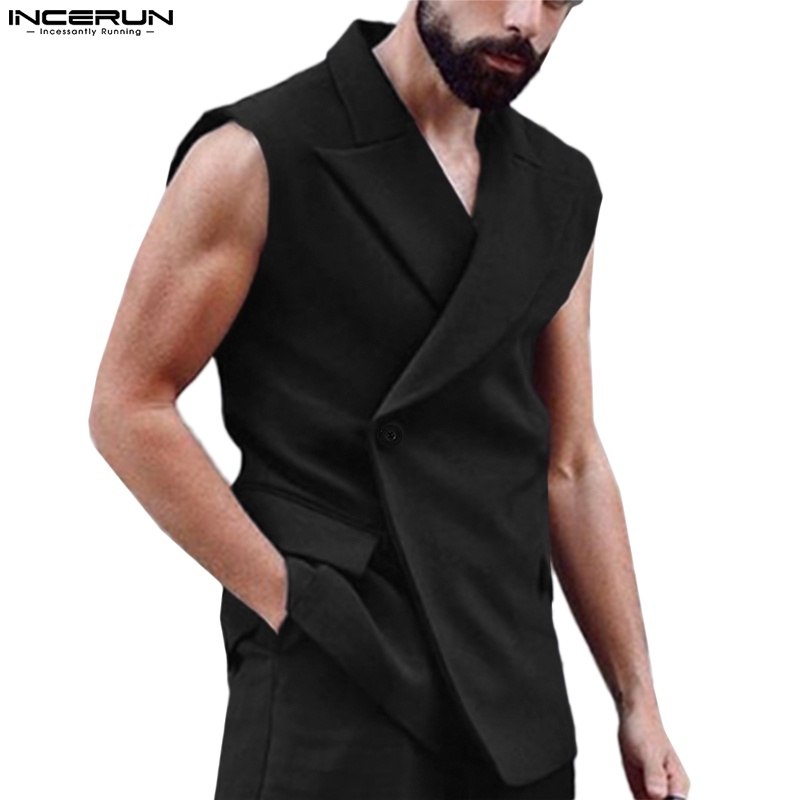 Áo khoác ghi lê INCERUN dáng rộng màu trơn cài hai hàng khuy thời trang trẻ trung dành cho nam