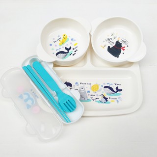 Bộ Đồ Ăn Dặm Cho Bé Gồm Khay Ăn, 2 Bát, Đũa, Dĩa, Thìa Ăn Màu Xanh