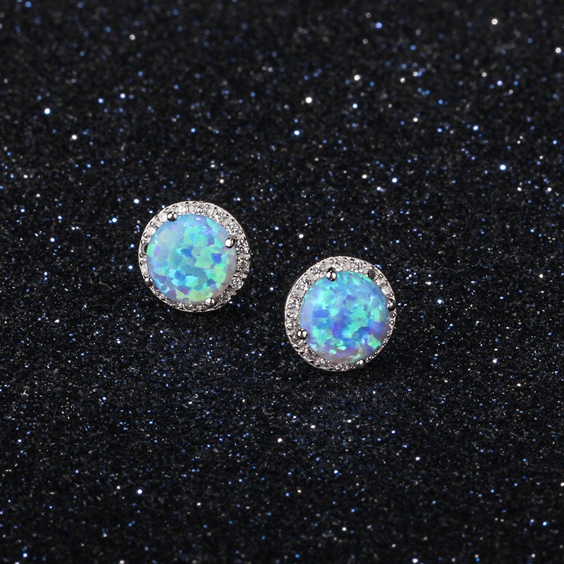 Khuyên Tai Mạ Bạc Đính Đá Opal Xanh