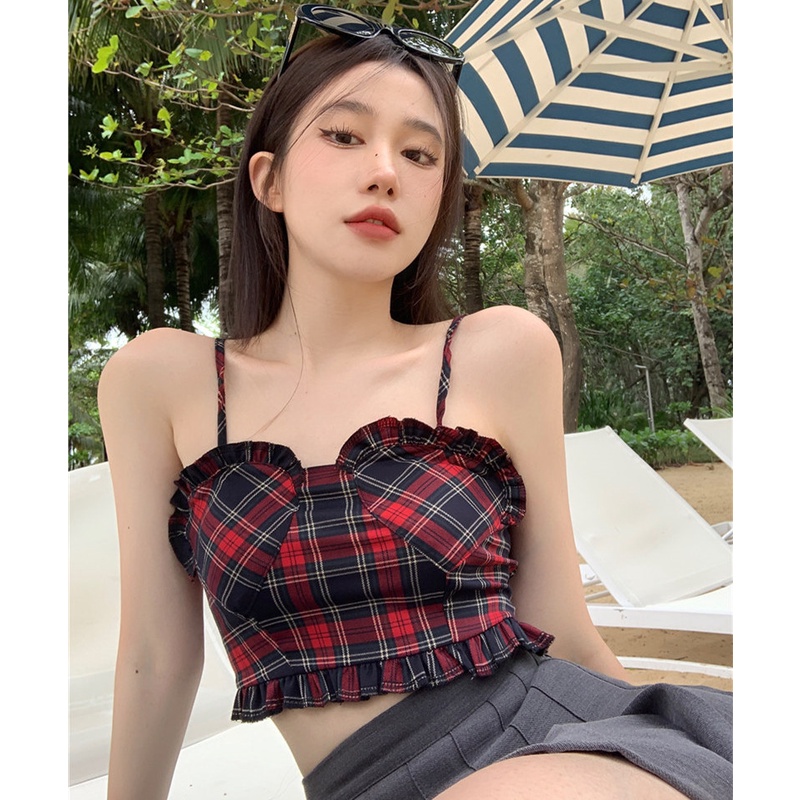 Áo Hai Dây Họa Tiết Sọc Caro Quyến Rũ Thời Trang Mùa Hè Cho Nữ