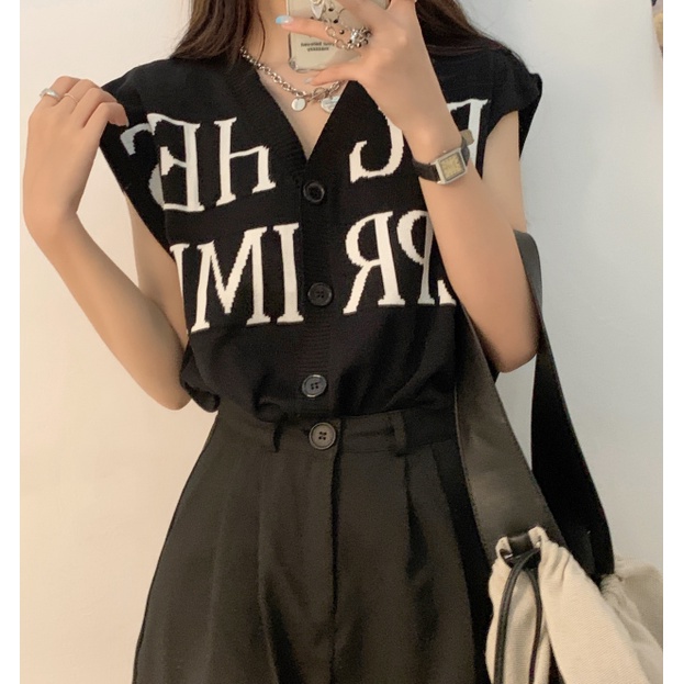 Porozi  Áo Crop Top dệt kim không tay cổ chữ V dáng rộng in chữ phong cách Hàn Quốc
