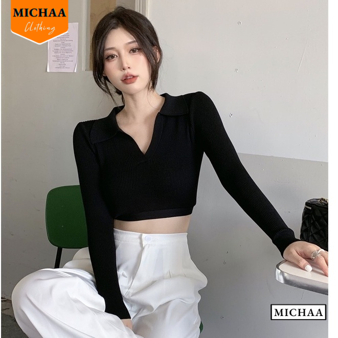 Áo Croptop Nữ Tay Dài CỔ BẺ XẺ V Ôm Body, Áo Thun Croptop Kiểu Sexy Chất Thun MICHAA CR68