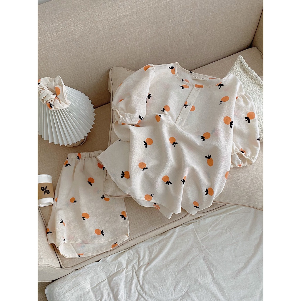 [Ảnh thật/Sẵn] Bộ đồ mặc nhà pijama chất đũi xốp họa tiết kèm chun
