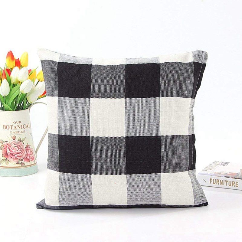 Black White Retro Checkers Plaids Cotton Linen Square Throw Pillow Cover 2 with Handmade Woven Wicker Flower Basket