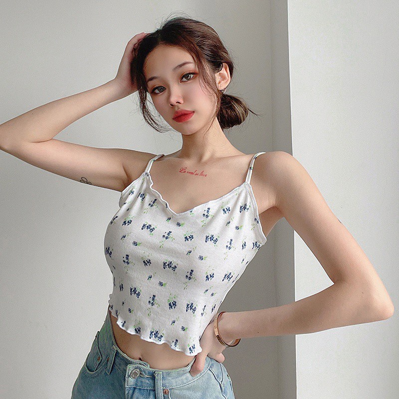 Áo Croptop Hai Dây Dệt Kim Cổ Chữ V In Hoa Gợi Cảm Cho Nữ | BigBuy360 - bigbuy360.vn