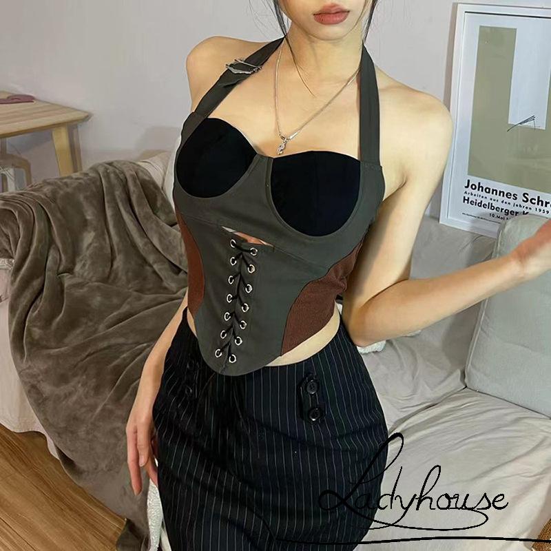 Áo tank top không tay hở lưng ôm dáng phong cách đường phố đơn giản cho nữ