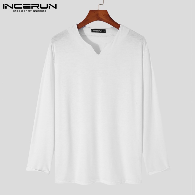 Áo INCERUN dài tay cổ chữ V màu trơn thời trang mùa xuân dành cho nam có 4 màu tùy chọn