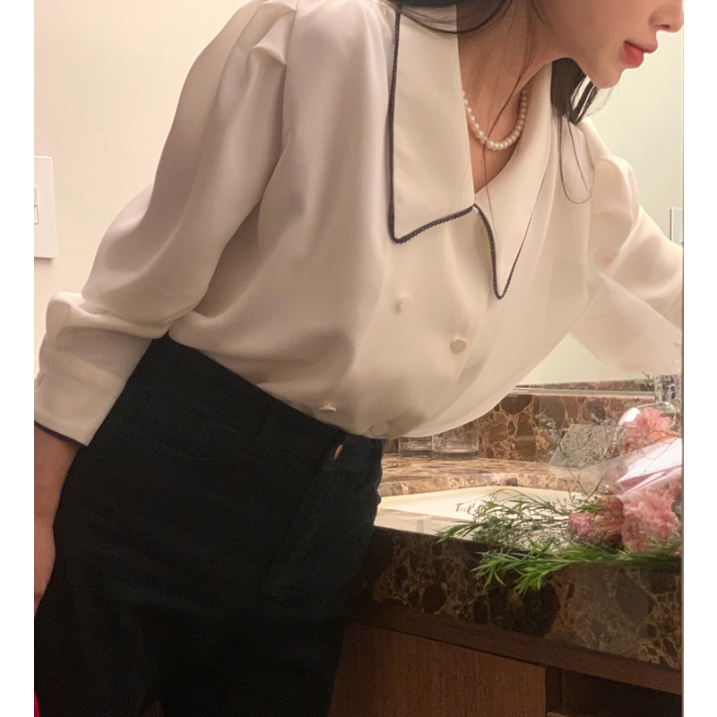 SUXI Áo sơ mi nữ tay dài phồng cổ chữ V phong cách vintage Hàn Quốc thanh lịch