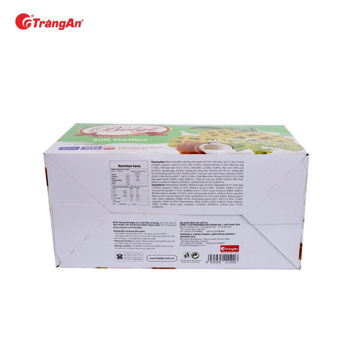 Thùng 12 hộp bánh Belgi trứng sữa mềm vị cốm dừa 322g, phù hợp với trẻ nhỏ, hạn sử dụng 12 tháng