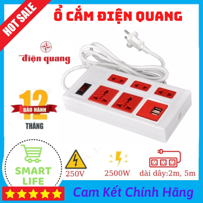 Ổ Cắm Điện Quang 5ECO 2A Ổ Cắm Điện Dây 2M 5M Bao Gồm 5 Lỗ Cắm Và 2 Cổng USB 2.0A Công Suất Tối Đa Lên Đến 2500W