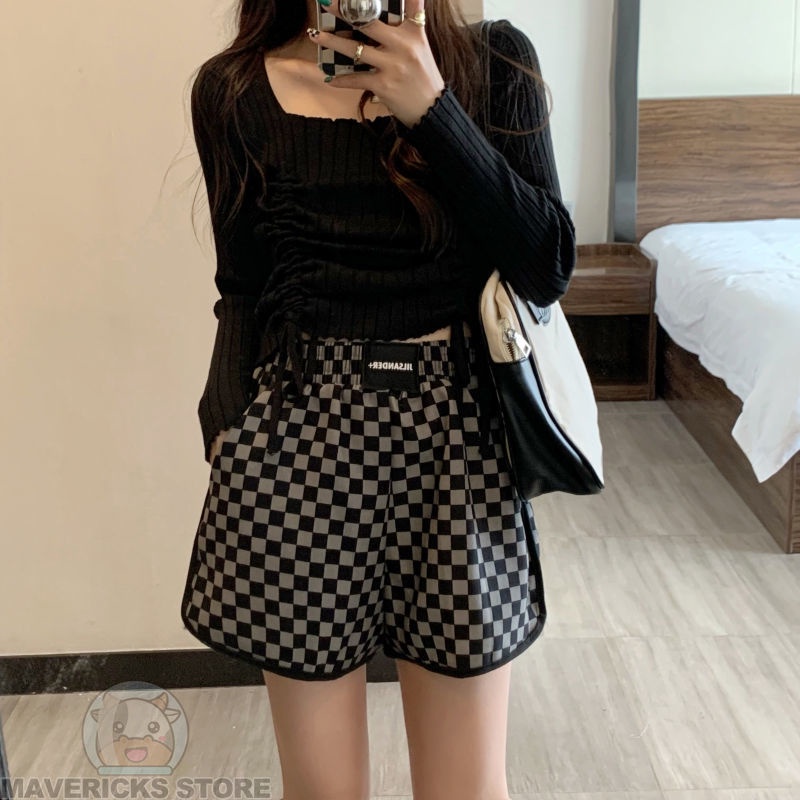 Quần Short Thể Thao Lưng Cao Họa Tiết Kẻ Ô Trắng Đen Thời Trang Mùa Hè Cho Nữ