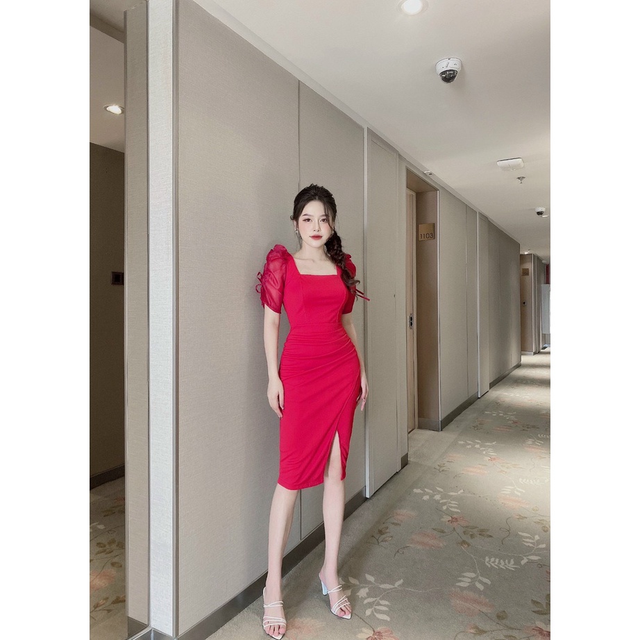 Đầm nữ ôm eo cổ vuông dự tiệc cao cấp chất vải umi xẻ tà Hàn Quốc | BigBuy360 - bigbuy360.vn