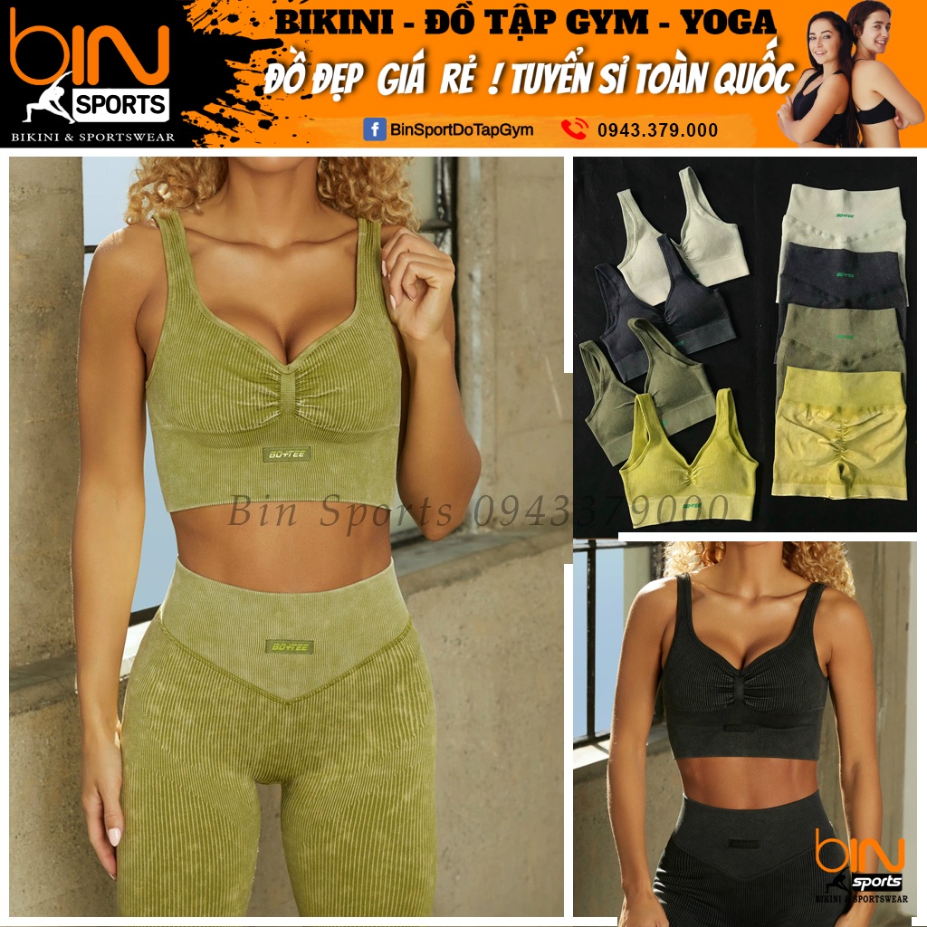 Set bộ đùi thể thao tập gym yoga nữ dệt kim jean cao cấp áo bra kèm mút quần đùi cạp cao chun mông Bin Sport BN051
