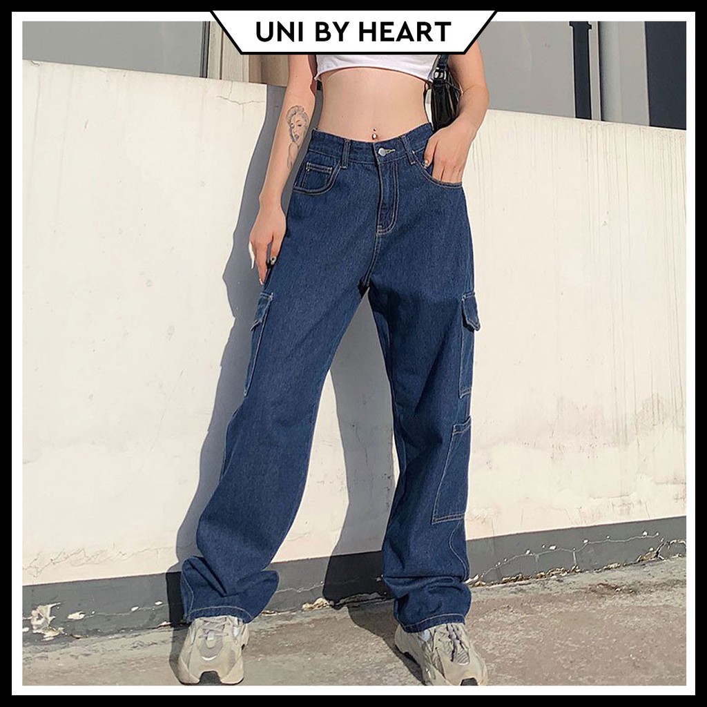 [Mã LTP50 giảm 50000 đơn 150000] Quần jeans nữ Baggy Jeans QD002 thiết kế túi hộp 2 bên - Uni By Heart