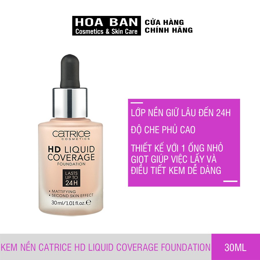 Kem nền kiềm dầu Catrice HD 24h Liquid Coverage Foundation che phủ tốt đủ tone