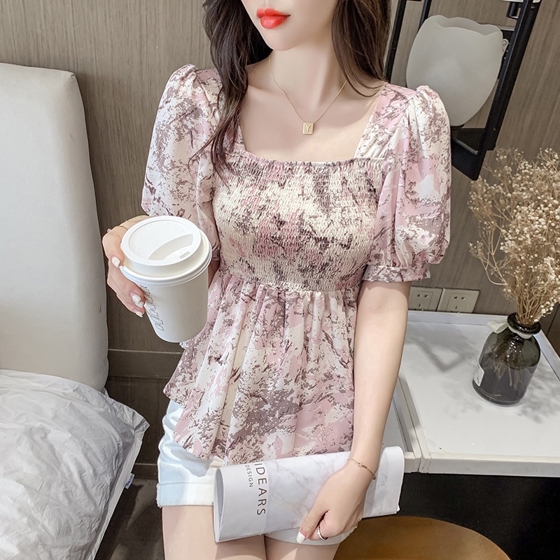 Áo Kiểu chiffon Cổ Vuông Họa Tiết Hoa Xinh Xắn Thời Trang Cho Nữ