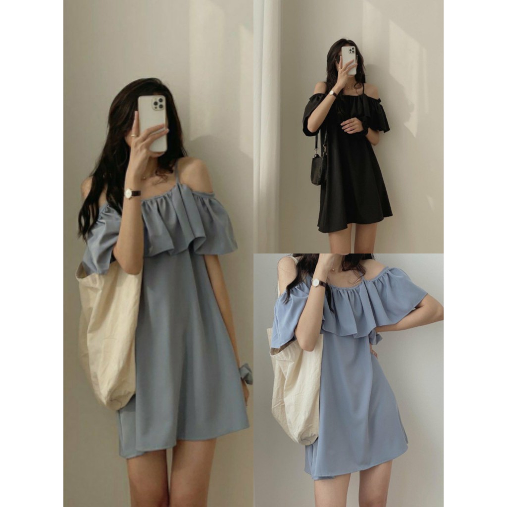 Đầm 2 dây trễ vai vền bèo rất nữ tính và duyên dáng xinh xắn cho người mặc, váy xòe ngắn mềm mại dịu dàng rất điệu Q017