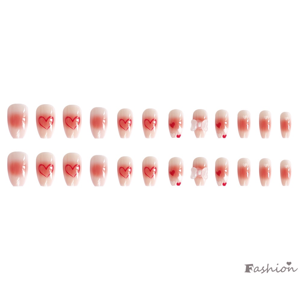 Bộ 24 Móng Tay Giả Hình Nơ Đỏ Trắng Trái Tim Có Thể Tháo Rời Ốp