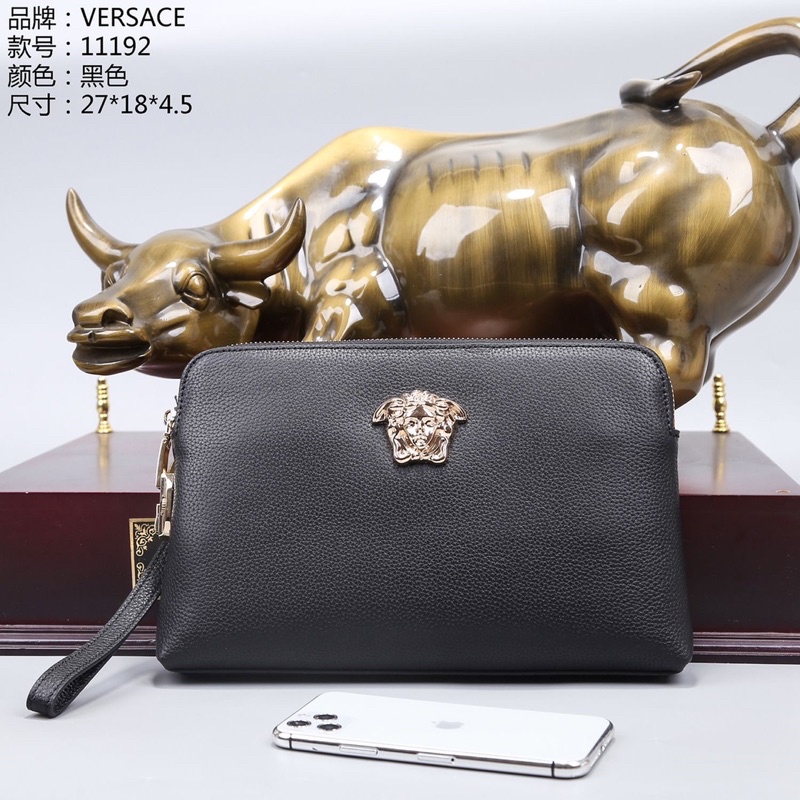 Clutch cầm tay cho nam Versace da thật cao cấp đính logo kim loại