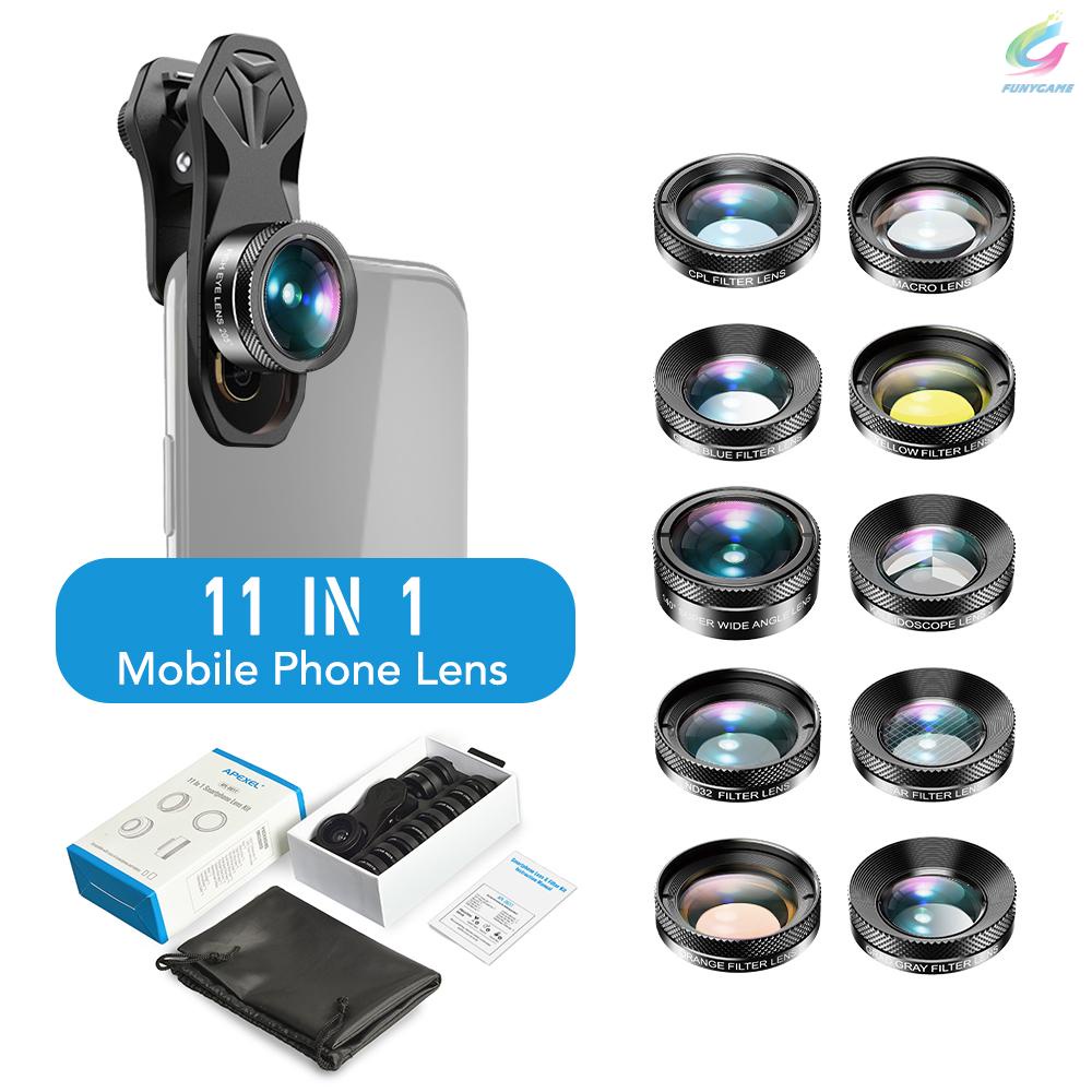 FY APEXEL APL-DG11 Universal Professional HD Phone Camera Lens Kit 11in1 Micro Lens 140° Wide Angle Lens 205° Fisheye Lens Kaleidoscope Lens Grad Color & Full Color Filters ND32 CPL Star Filters Compatible with Samsung and Other Smartphones