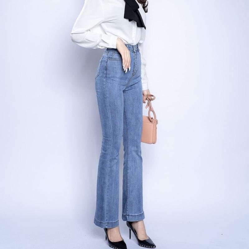 Quần Jeans Nữ Ống Loe  Lưng Cao Trơn Dài , Quần Bò Nữ Co Dãn Tốt Xanh Nhạt Cực Đẹp Dài 93cm-100cm