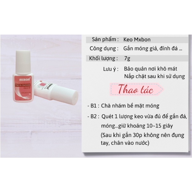 Keo dán móng giả, đính đá, charm, nơ, phụ kiện trang trí móng Mxbon 7g chai hồng