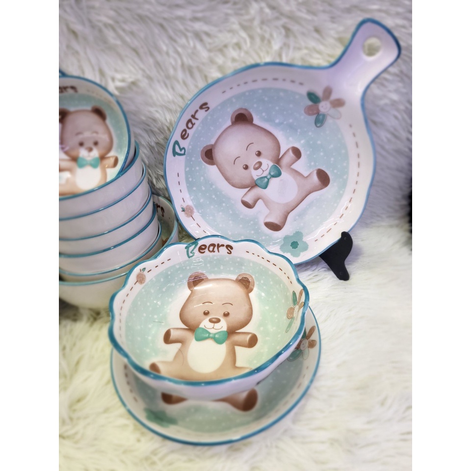 Bộ bát đĩa decor gốm sứ siêu đẹp Bộ gấu xanh siêu đẹp