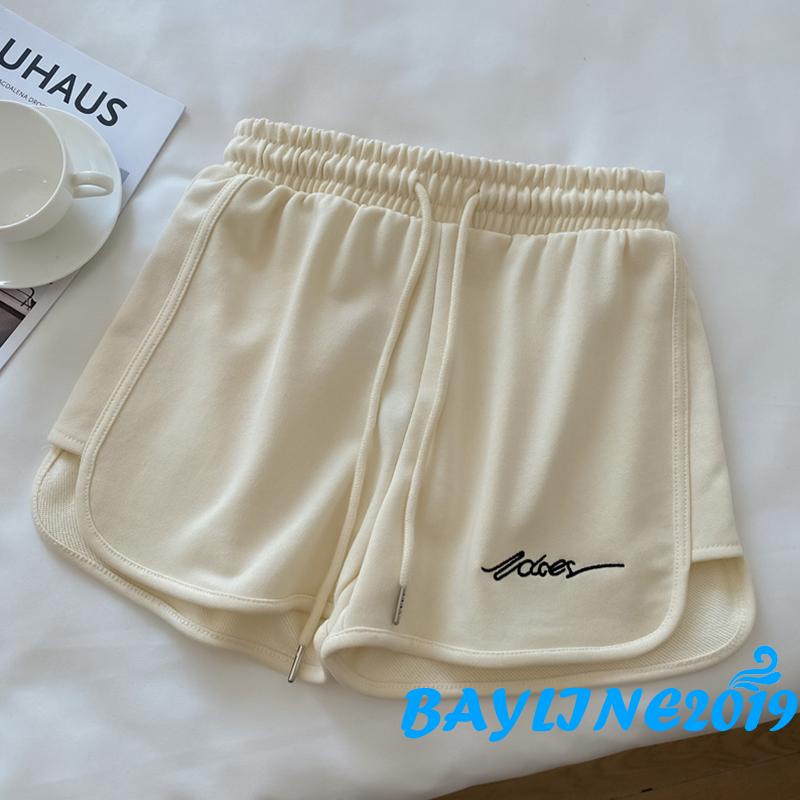 Quần Short Dây Rút Eo Cao Co Giãn Thêu Chữ Thời Trang Mùa Hè Cho Nữ
