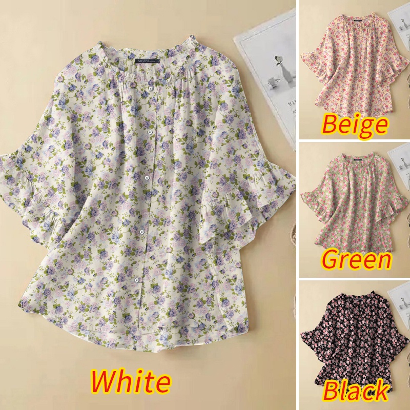 Zanzea Áo Kiểu Tay Lửng Cổ Tròn Phối Bèo In Họa Tiết Vintage Thời Trang Cho Nữ