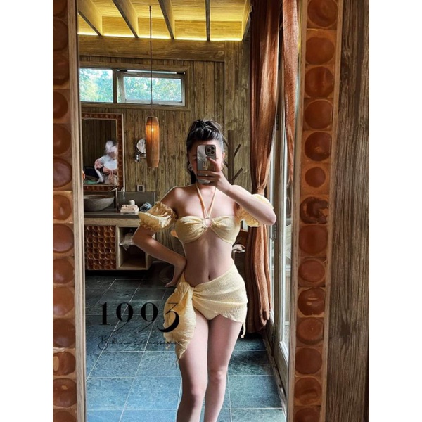 Set bikini bộ bơi đồ bơi nữ đi biển cúp ngực phối khoen tay phồng kèm khăn quấn EVA S3MTBK