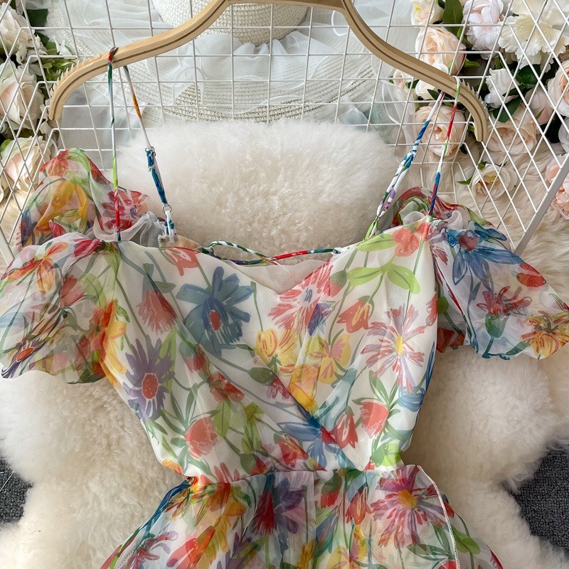 Đầm maxi hoa trễ vai đan lưng chéo cá tính váy nữ xinh đẹp quyến rũ đi tiệc,dạo phố sang trọng