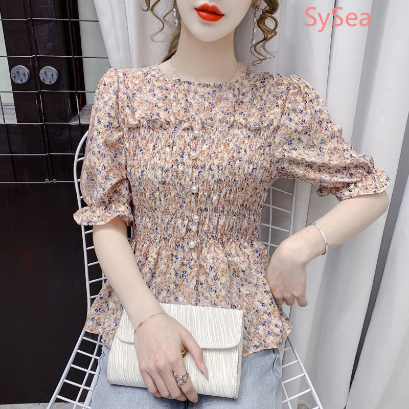 Áo kiểu chất chiffon tay ngắn cổ tròn họa tiết hoa nữ tính | BigBuy360 - bigbuy360.vn