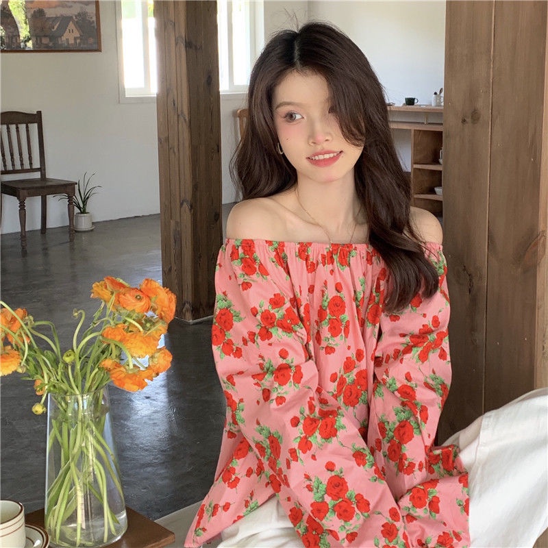 Áo Sơ Mi Nữ Trễ Vai Dáng Rộng In Hình Hoa Hồng Ngọt Ngào