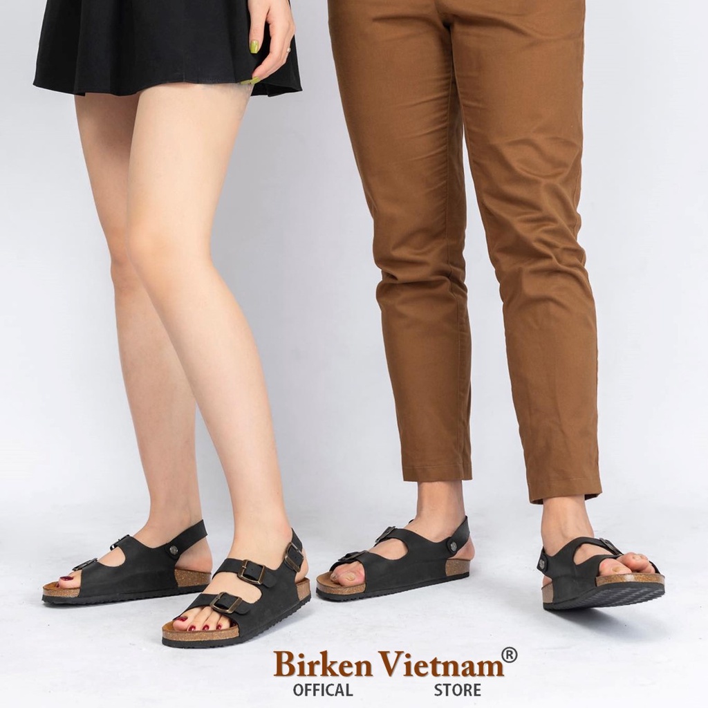 ( Mẫu Da Thật ) D02 - Sandal Birken Đế Trấu Thiết Kế Hai Quai Ngang Da Bò Unisex Nam và Nữ Bioline VietNam
