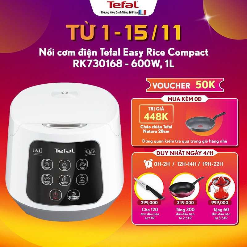 [Mã ELTEFAL11 giảm 7% đơn 500K] Nồi cơm điện Tefal Easy Rice Compact RK730168 - 600W, 1L