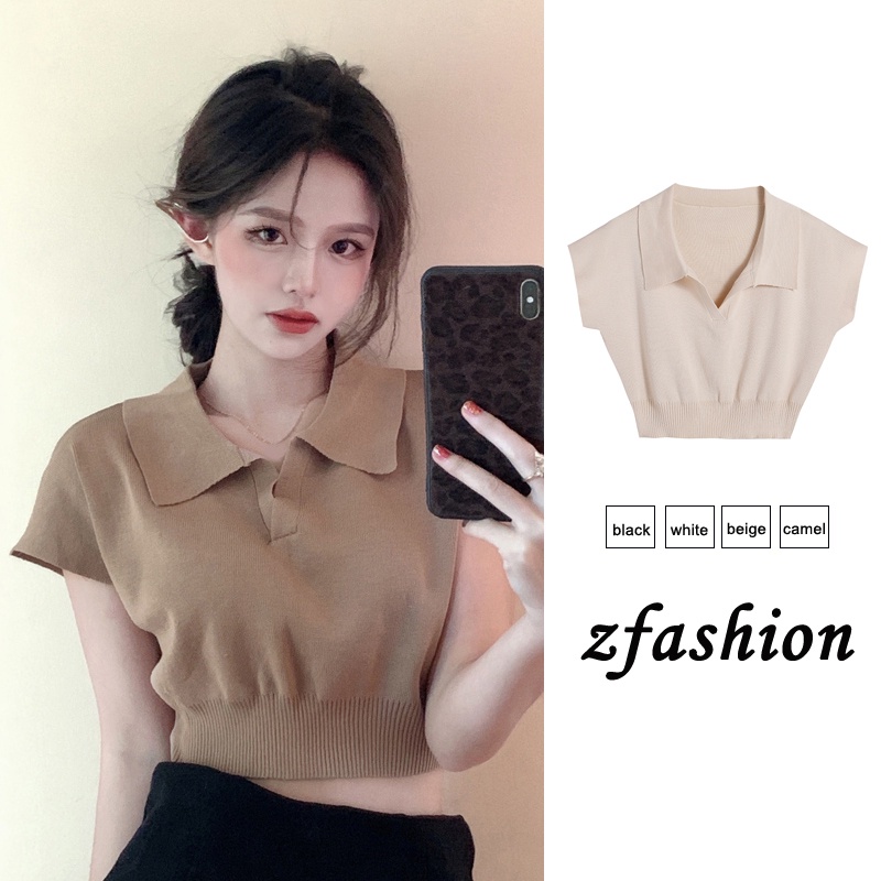 （4 Màu）Áo Thun Polo Dệt Kim Tay Ngắn Cổ Bẻ Màu Trơn Dáng Ôm Thời Trang Cho Nữ