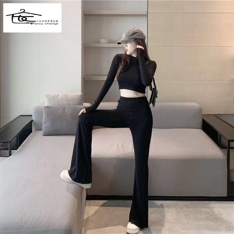 Set Áo Sơ Mi Màu Đen Xám Phối Quần Dài Lưng Cao Ống Loe Thời Trang Cao Cấp