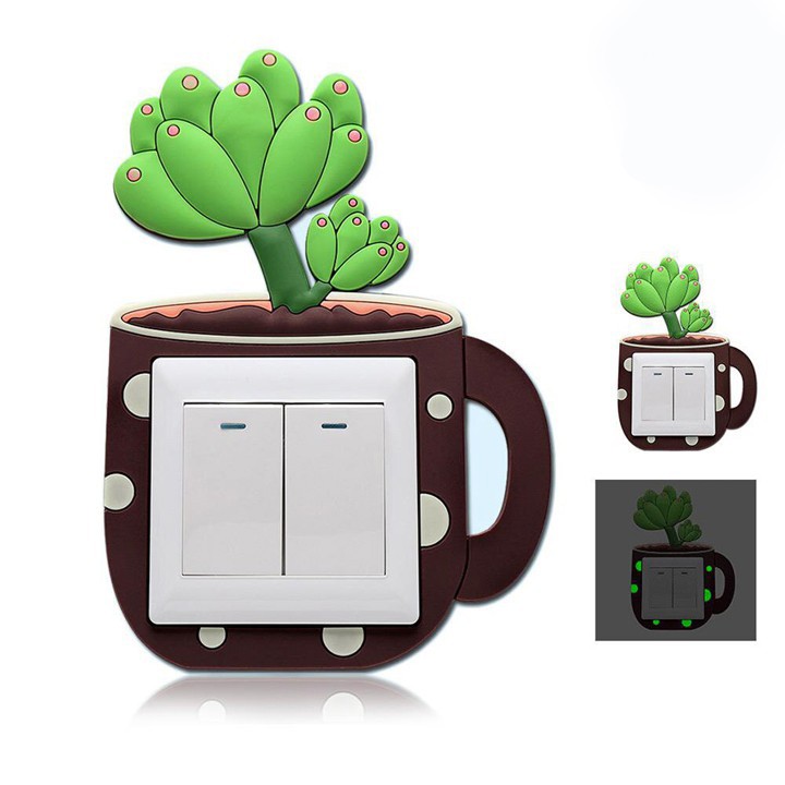Miếng dán dạ quan trang trí ổ cắm điện trên tường hình chậu xương rồng bằng silicon