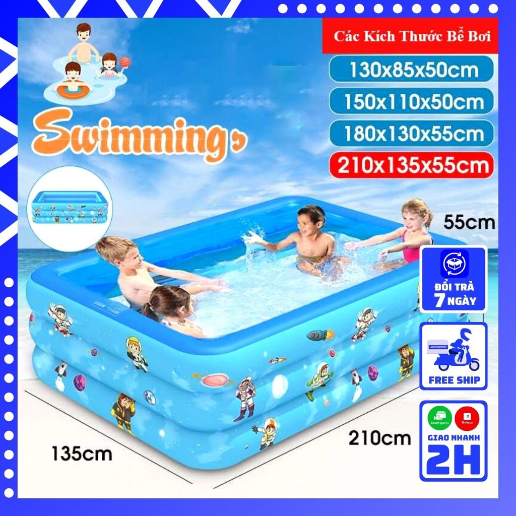 Bể Bơi trẻ em trong nhà dài 1m3 đến 2m1 có van xả nước , Hồ bơi phao bơi cho bé 3 tầng hình chữ nhật có đáy 2 lớp chống