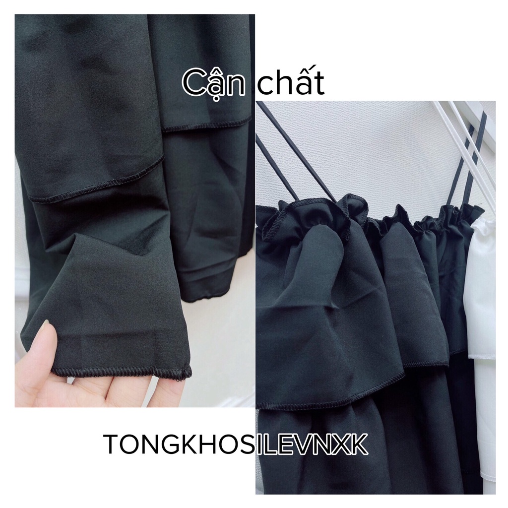 Áo Hai Dây Nữ Viền Bèo 3 Tầng 🦋 Áo Đũi Nữ Croptop Hở Lưng Đen Trắng