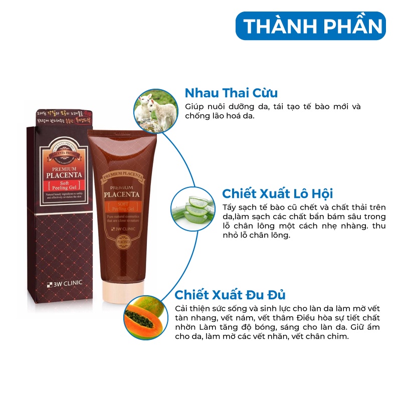 Tẩy da chết - Gel tẩy tế bào chết Nhau Thai Cừu 3W Clinic Placenta Hàn Quốc 180ml [Cam Kết Chính Hãng]