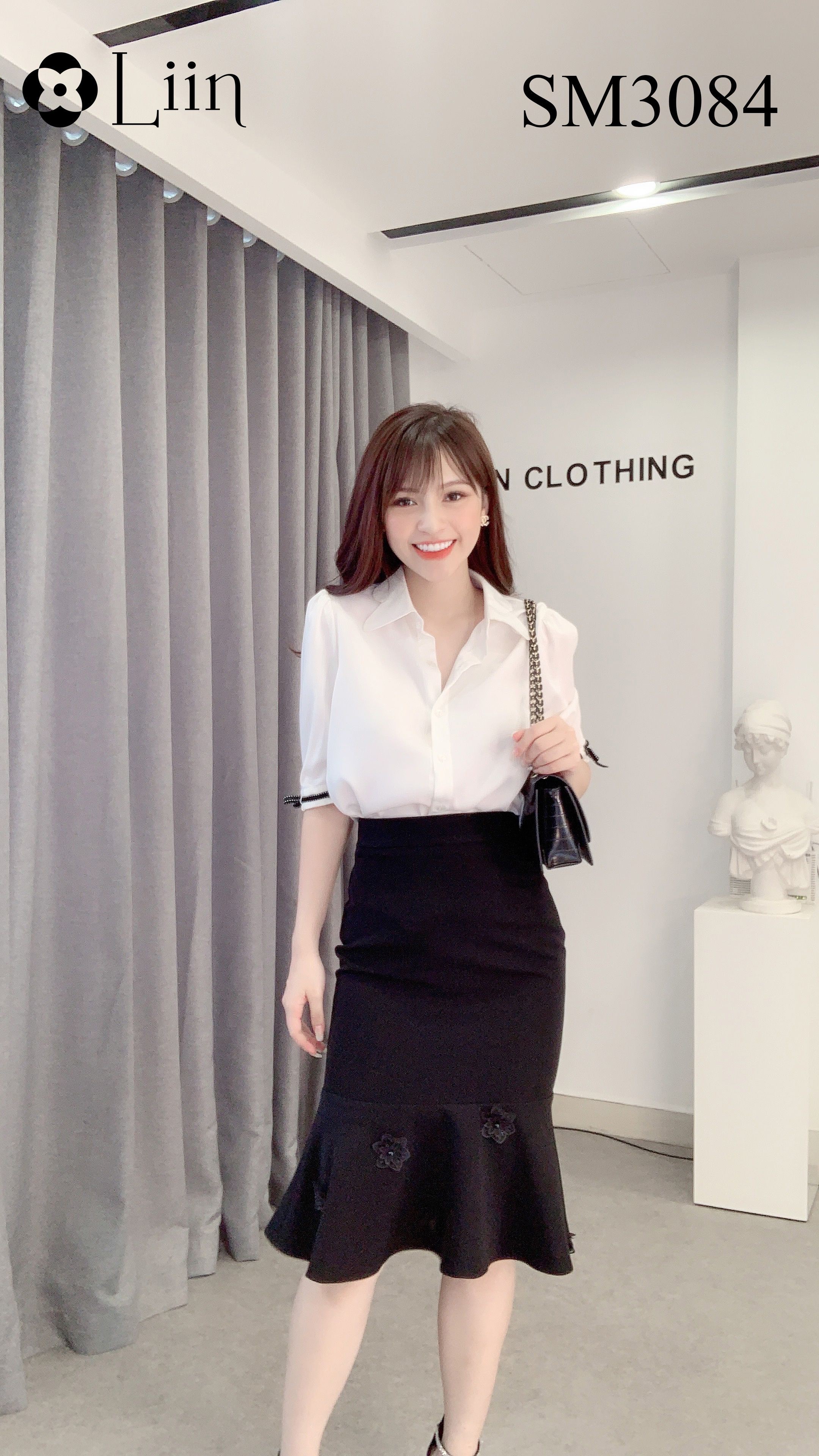 Áo sơ mi nữ màu Trắng kết hợp Cổ Nơ Đen xinh xắn Liin Clothing SM3084